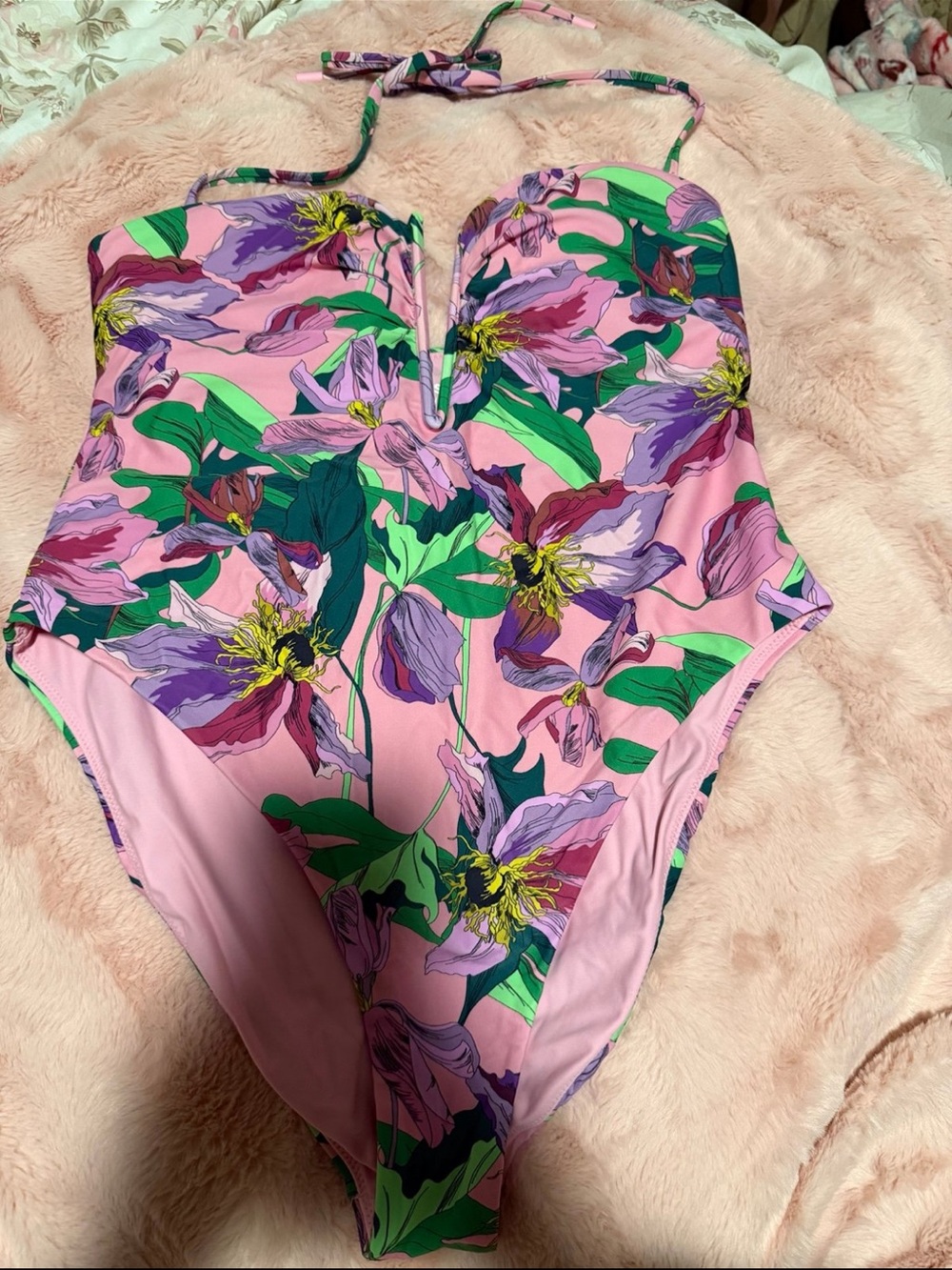 Express Pink/Purple Floral Pink One-Piece Swimsuit with Halter Tie size large